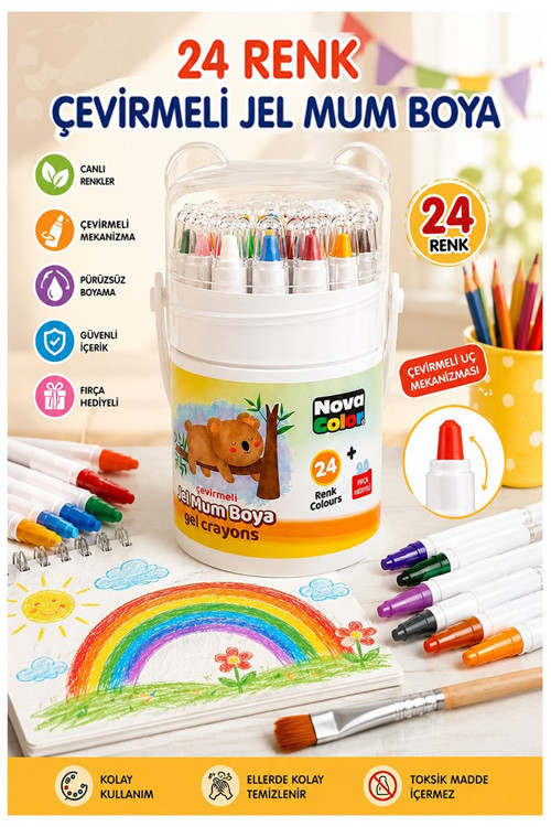 Çevirmeli Jel Mum Boya 24 Renk 1 Adet Nova Color Plastik Kutulu 24 lü Mum Boya Kalemi Silinebilir Zararsız Yıkanabilir