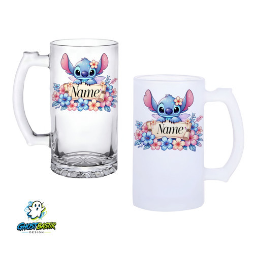 Kişiye Özel Stitch Kulplu Bira Bardağı Buzlu veya Şeffaf Seçenekli 0320