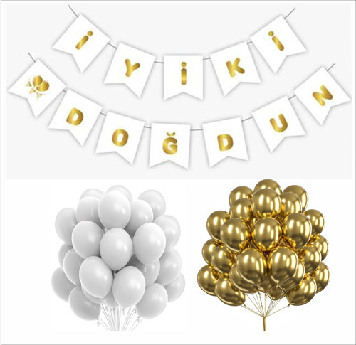 Beyaz Gold İyi Ki Doğdun Banner+Beyaz ve Gold Balon