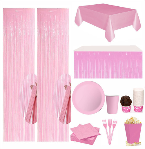 Pembe Masa Örtüsü, Pembe Masa Eteği, 2 Pembe Fon, 8 Pembe Tabak, 8 Pembe Bardak, 8 Pembe Mısır Kutusu, 10 Pembe Çatal, 10 Pembe Peçete, 10 Cupcake