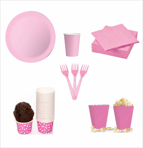 8 Pembe Tabak, 8 Pembe Bardak, 8 Pembe Mısır Kutusu, 10 Pembe Çatal, 10 Pembe Peçete, 10 Cupcake