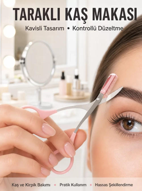 ® Kavisli Kaş Kirpik Düzeltici Bıyık Alma Taraklı Kaş Makası Yüz Bakım Seti Makas