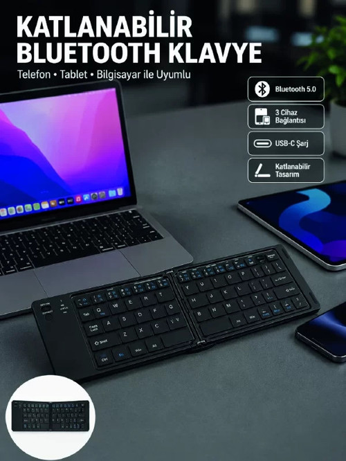 ® Katlanabilir Bluetooth Klavye 3 Cihaz Bağlantılı Kablosuz Taşınabilir Klavye