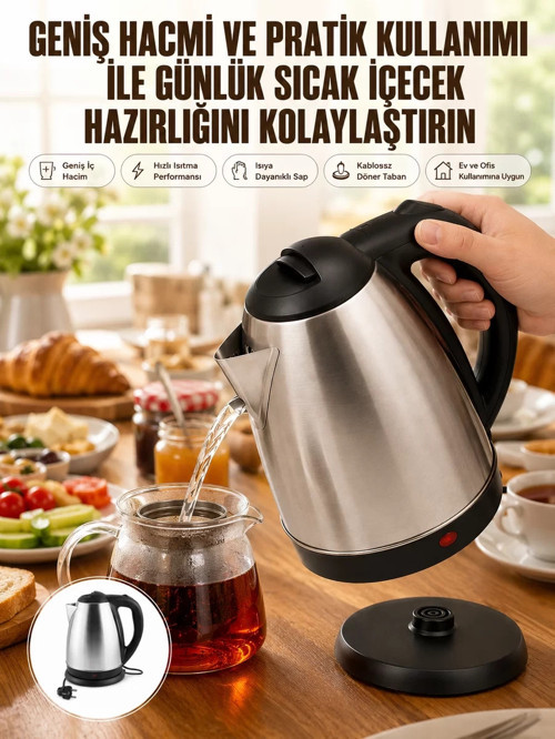 ® Kettle Su Isıtıcı C F Priz Uyumlu 220 - 240 V Paslanmaz Çelik Kablolu