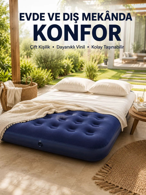 ® Konforlu Çift Kişilik Şişme Yatak Flokeli Yüzey Dayanıklı Gövde