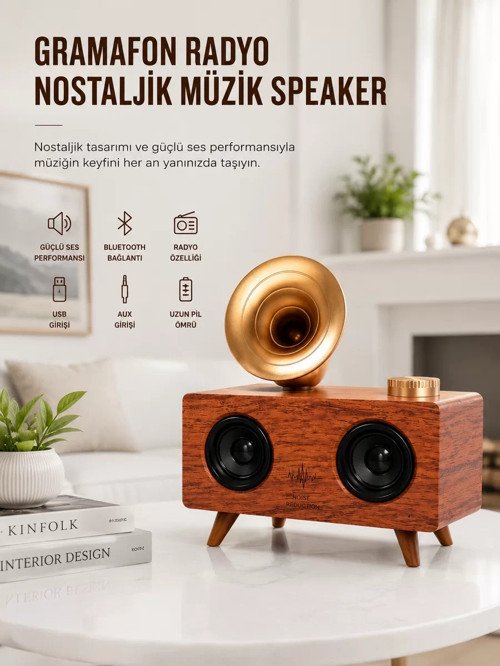 ® Bluetooth Nostalji Speaker Radyo Gramofon Ahşap Renk Vintage Yeni Nesil