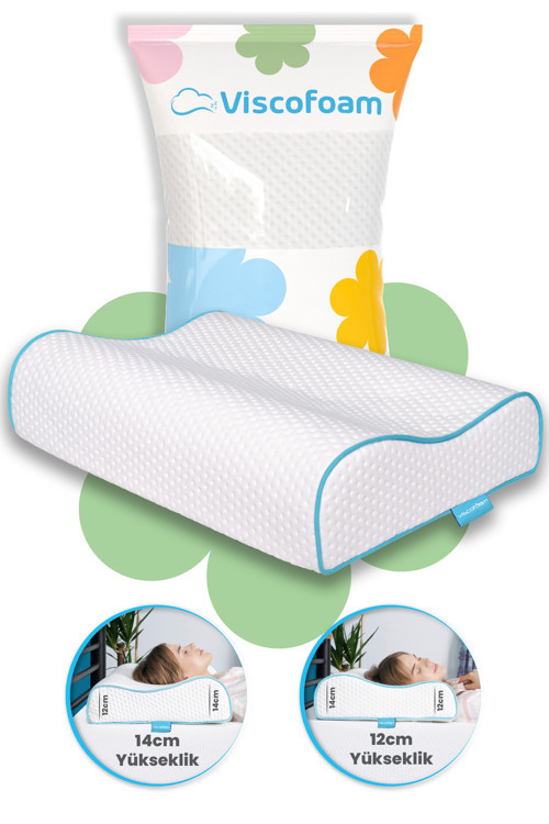Yüksek Boyun Destekli Ortopedik Yastık Çift Boyun Destekli Visco Yastık - 60x40x14-12cm