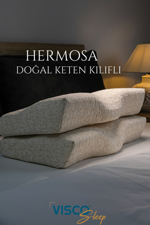 Ortopedik Visco Yastık Boyun Formu İçin Özel Tasarım Hermosa Keten Kılıflı Ergonomik 60x35x11-7 Cm