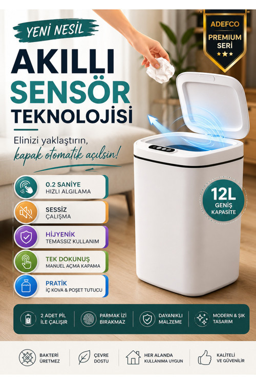 Sensörlü Çöp Kovası 12L Otomatik Kapak Temassız