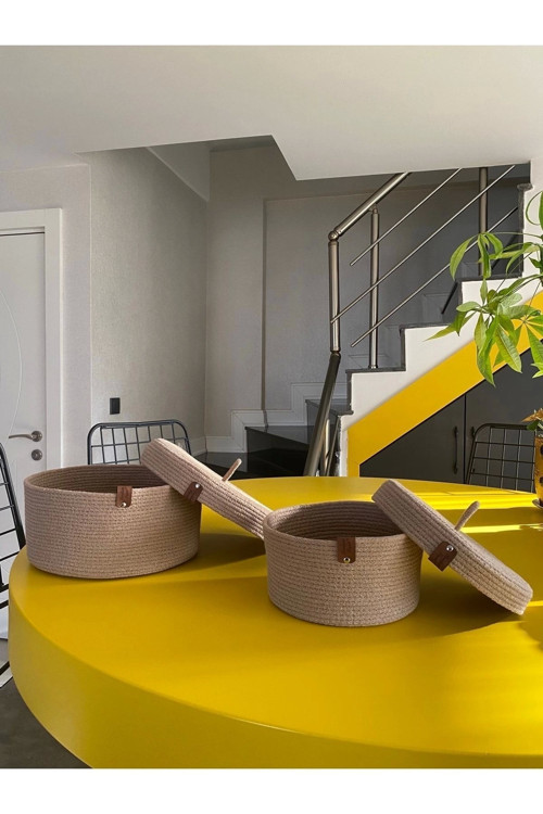 Bej Ikili Kapaklı Sepet Set, Pamuklu Sepet Set, Dekoratif Sepet Set, Hasır Sepet Set, Pamuk Sepet