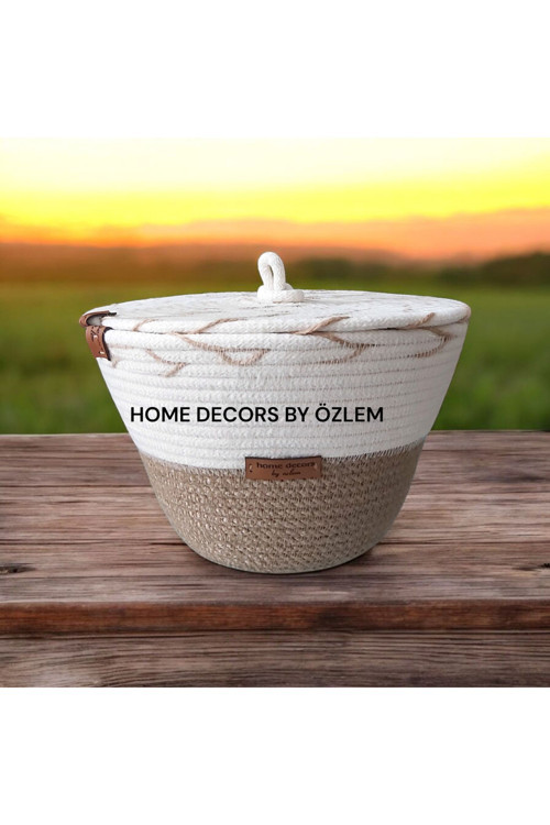 Kapaklı Hasır Sepet Düzenleyici Dekorasyon Hadiyelik Organizer Mutfak Sunum Moda (Ekru Hasır) - 20x12cm
