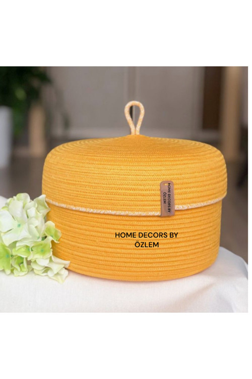 Sarı Hasır Sepet Kapaklı Sepet Düzenleyici Organizer Handmade-22x14cm