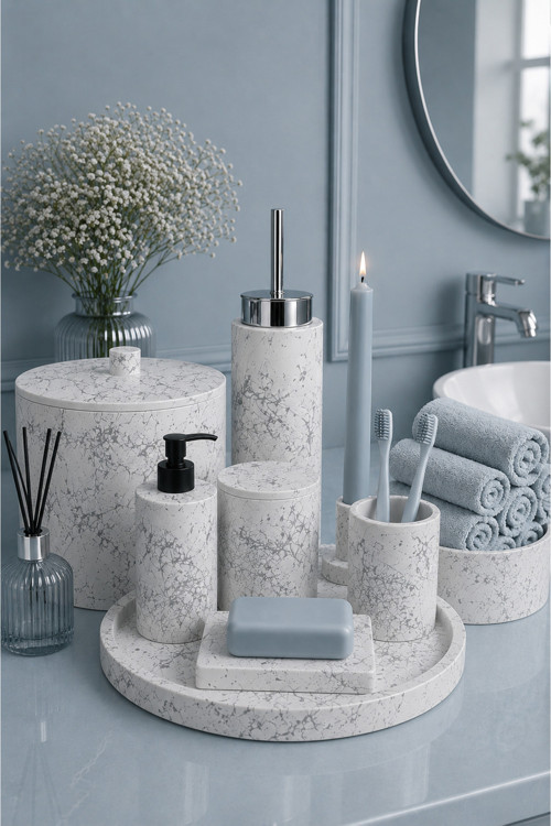 12 Parça Mermer Desenli Beton Banyo Seti Katı Sıvı Sabunluk Diş Fırçalık Çöp Kovası Tepsi Mumluk