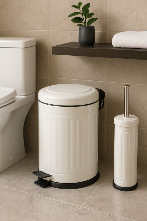 Defne 2 Li Çöp Kovası Çöp Kutusu Banyo Seti Çizgili Model Beyaz 5 Litre Ve Wc Fırçası Seti