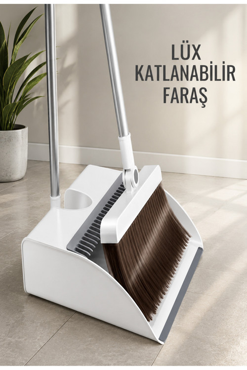 Lüx Katlanabilir Saplı Faraş Süpürge Kürek Seti |kilitli Akıllı Pratik Katlanır Temizlik Seti BEYAZ RENK
