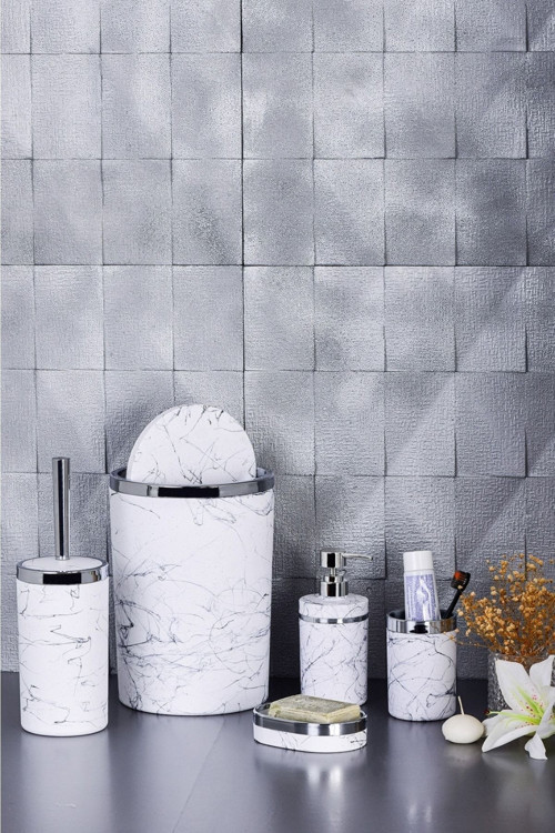 5 Parça Mermer Desen Mat Banyo Seti / Wc Fırçalık, Sıvı - Katı Sabunluk, Çöp Kovası, Diş Fırçalık
