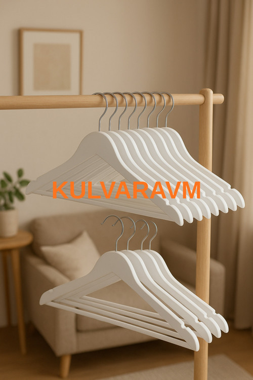 12 Adet Ahşap Beyaz Elbise Askısı