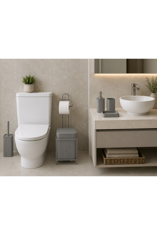 6 Parça Banyo Seti Metal Stantlı Çöp Kovalı Wc Kağıtlık Ve Tuvalet Fırçası Katı - Sıvı Sabunlu