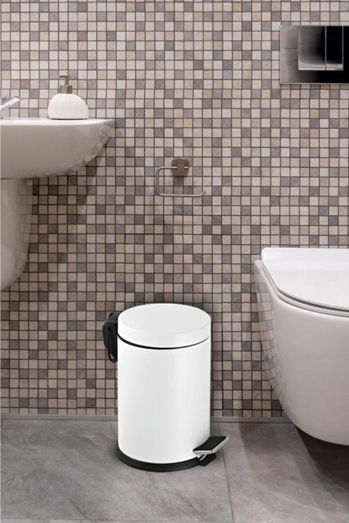 Banyo Tuvalet Balkon Mutfak, Beyaz Renkli Pedallı Metal Çöp Kovası 3 Litre