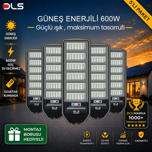 5'li Paket DLS 600W Güneş Enerjili Solar Sokak Lambası Hareket Sensörlü LED Bahçe Aydınlatması