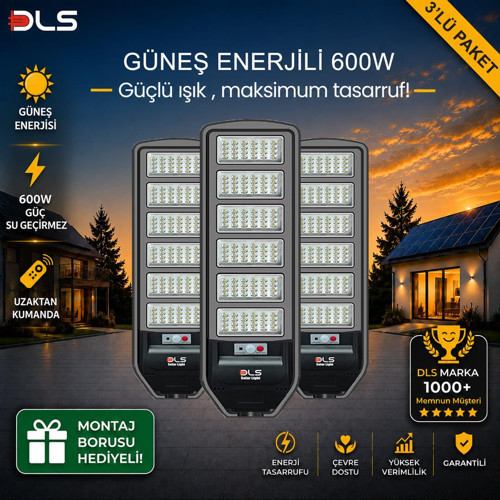 3'lü Paket DLS 600W Güneş Enerjili Solar Sokak Lambası Hareket Sensörlü LED Bahçe Aydınlatması