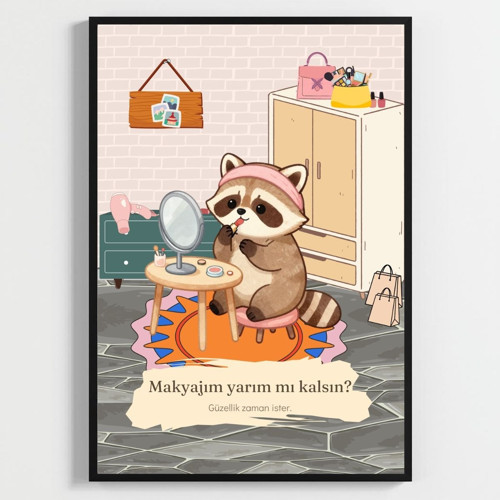 Rujlu Rakun | Eğlenceli Banyo ve Giyinme Odası Duvar Dekorasyonu | Aynada Makyaj Yapan Komik Hayvan Poster Tablo |