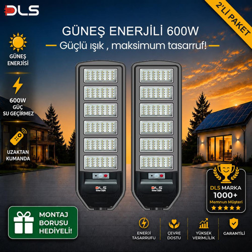 2'li Paket DLS 600W Güneş Enerjili Solar Sokak Lambası Hareket Sensörlü LED Bahçe Aydınlatması