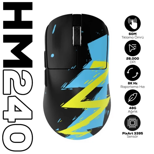 Gaming HM240 8K Hz 26000 DPI PixArt 3395 Tri-Mode Kablosuz/Bluetooth Siyah Gaming Mouse
