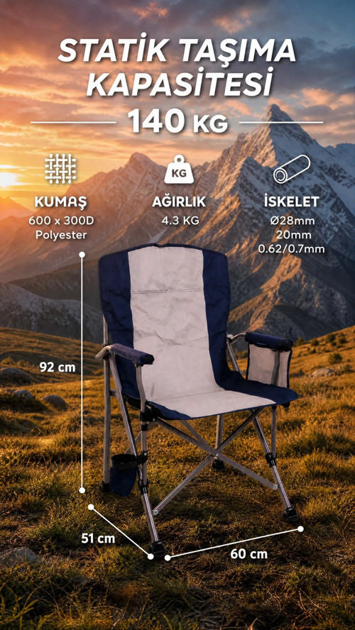 Katlanır Kamp Sandalyesi 140 kg Taşıma Kapasiteli Bardaklıklı Taşınabilir Sandalye Lacivert