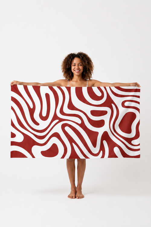 Dalga Desen Plaj Havlusu - Kırmızı - 75x150 cm