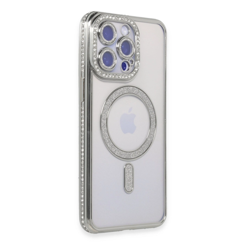 İphone 14 Pro Max Kılıf Joke Simli Magneticsafe Kılıf - Gümüş