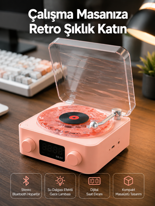 tekno Retro Bluetooth Hoparlör – Kristal Ses, Gece Lambası, Saatli Tasarım Yeni Nesil 2026
