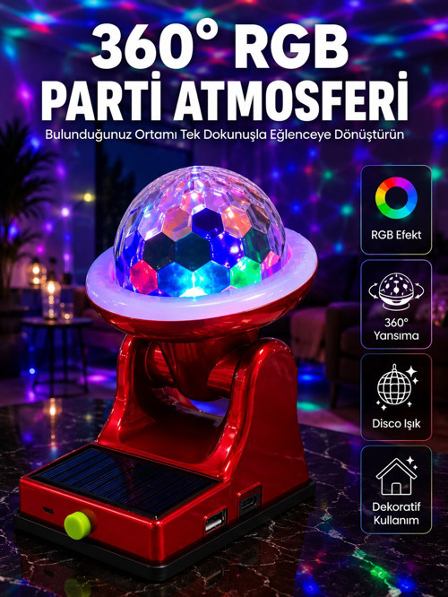 tekno 360° RGB LED Disco Işığı Ayarlanabilir Başlıklı Güneş Enerjili Projektör Lamba 2026