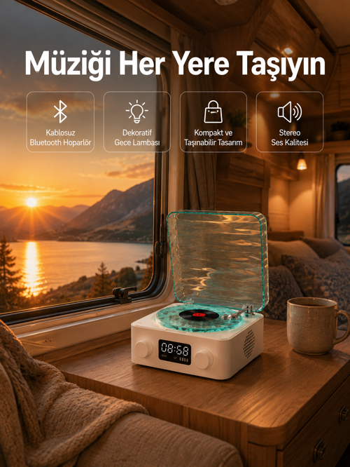 tekno Retro Tasarımlı Gece Lambalı Bluetooth Hoparlör – Saat ve Pil Göstergeli 2026