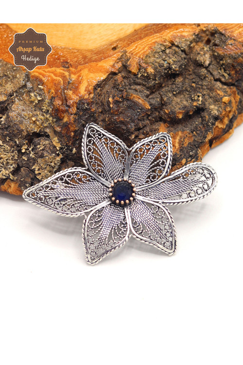 Safir Taşlı Lotus Model Oksitli Telkari Gümüş Kadın Broş 201025191