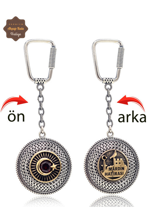 Yakut Taşlı Ayyıldız ve Mardin Hatırası Çift Taraflı Oksitli Gümüş Telkari Anahtarlık 201025171
