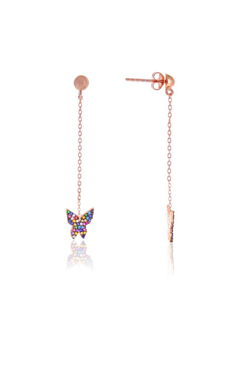 Karışık Renkli Kelebek Model Zirkon Taşlı Rose Kaplama Gümüş Kadın Küpe 201025007
