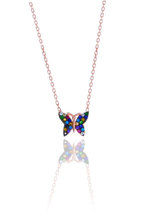 Karışık Renkli Kelebek Model Zirkon Taşlı Rose Kaplama Gümüş Kadın Kolye 201025015