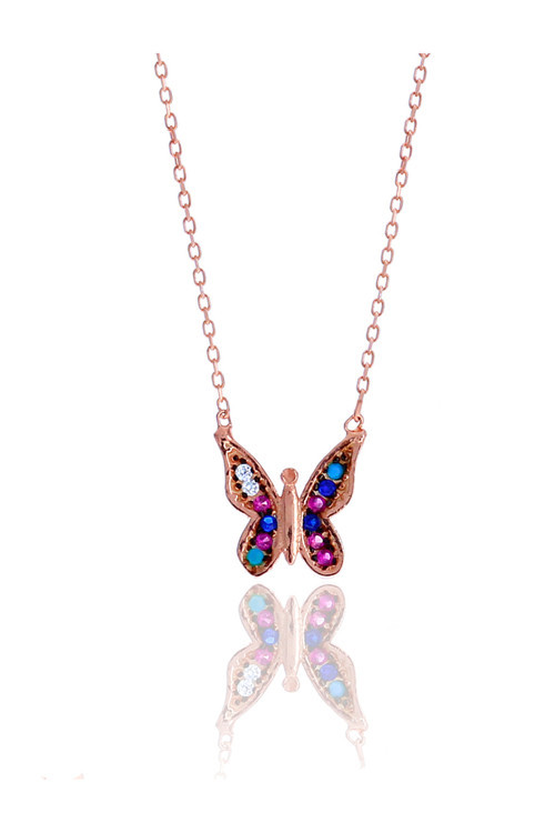 Karışık Renkli Kelebek Model Zirkon Taşlı Rose Kaplama Gümüş Kadın Kolye 201025016