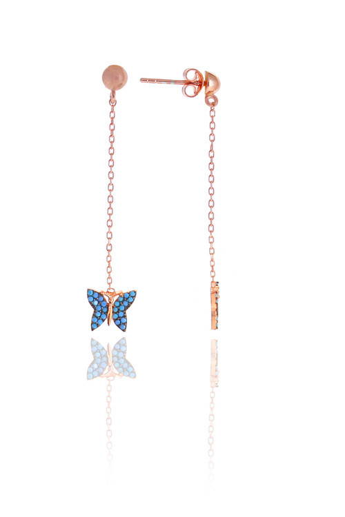 Kelebek Model Firuze Taşlı Rose Kaplama Gümüş Kadın Küpe 201025004