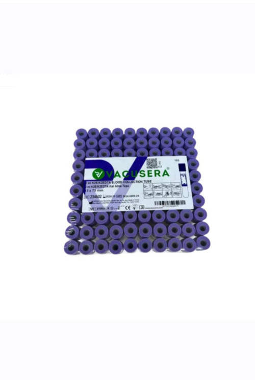 100 Adet Kan Alma Tüpü, Mor Kapak, K2E K2Edta 2Ml 3.6Mg 13X75Mm, Vacusera