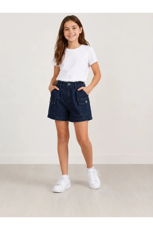 Kiz Çocuk Kargo Cepli Kot Denim Şort