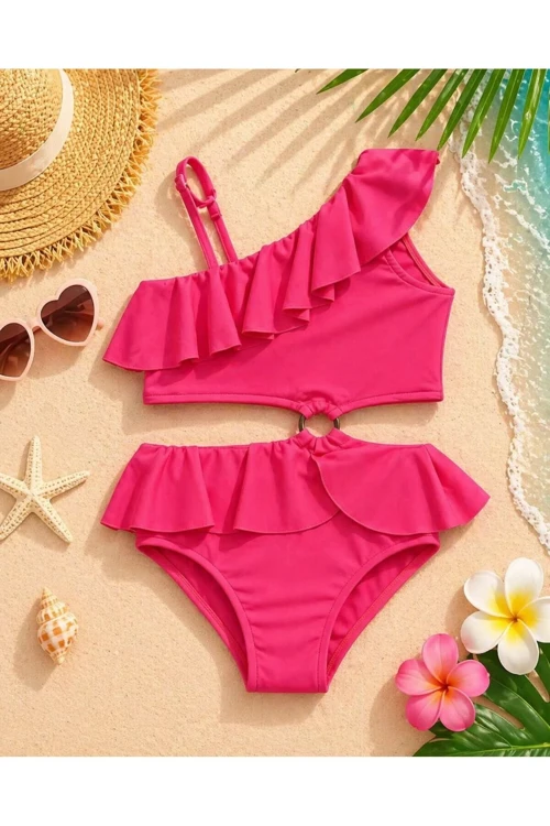 Kız Çocuk Fuşya Tek Omuz Deniz Ve Havuz Kullanımına Uygun Bikini Takımı