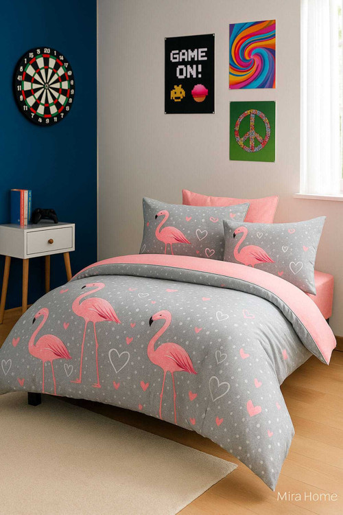 Flamingo Desenli Pamuklu Tek Kişilik Nevresim Takımı