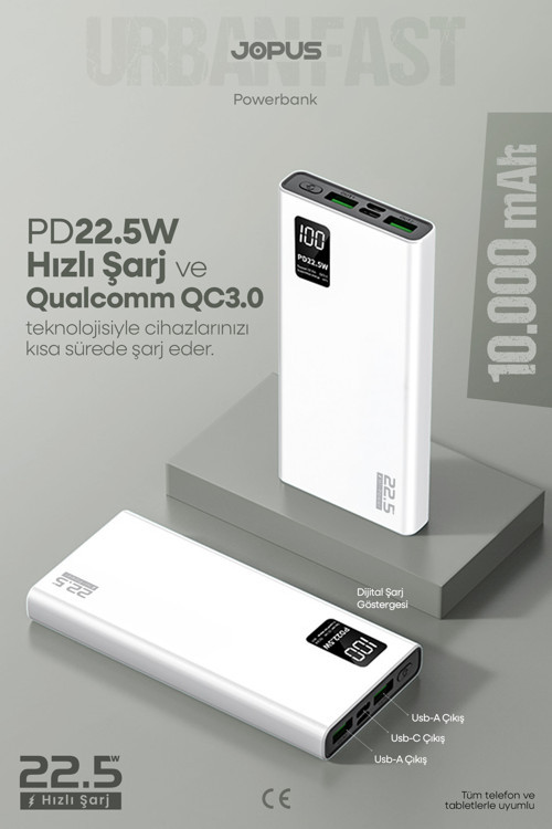 10000mAh PowerBank PD 22.5W Hızlı Şarj - Dijital Ekranlı - Taşınabilir Şarj Cihazı - Beyaz JP-P12