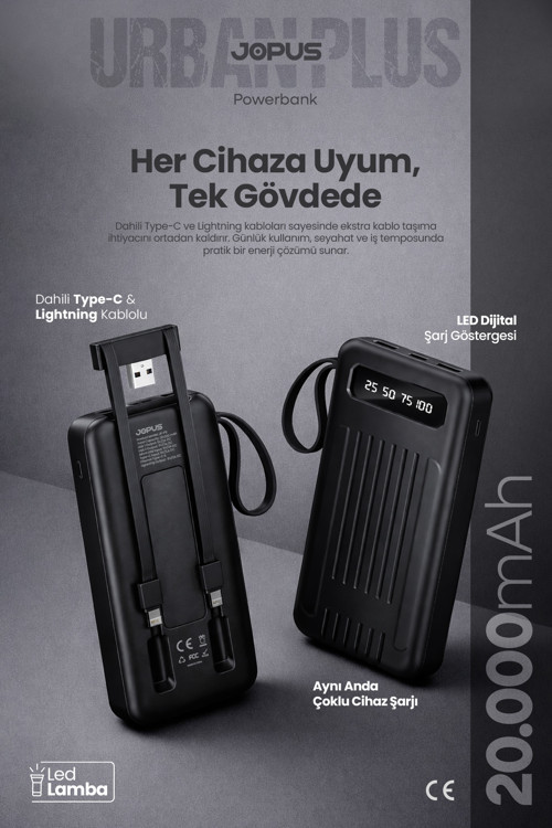 20000mAh PowerBank Dahili Kablolu, LCD Ekranlı, LED Lambalı, Taşınabilir Şarj Cihazı - Siyah JP-P11A