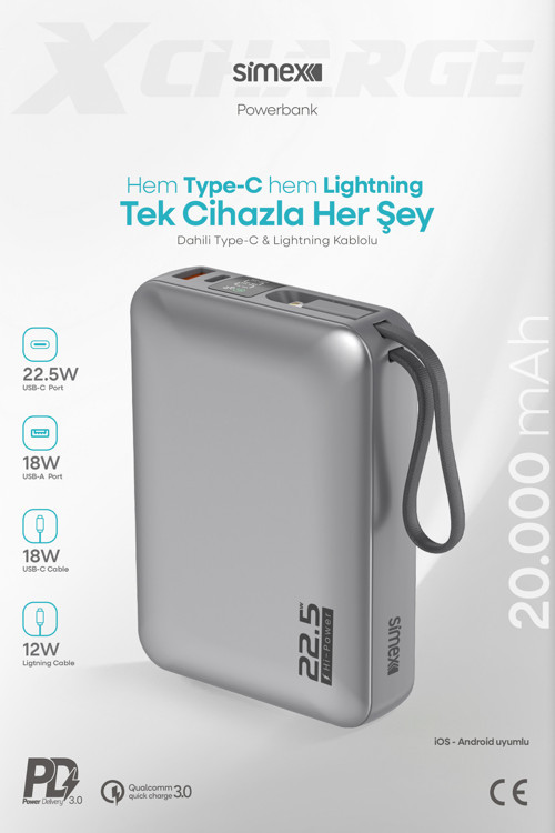 20.000 mAh 22.5W Hızlı Şarj PD Powerbank Kendinden Kablolu ve Dijital Göstergeli Taşınabilir Cihazı