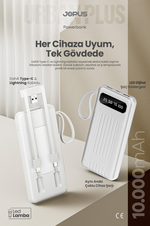 10000mAh Powerbank Dahili Kablolu, LCD Ekranlı, LED Lambalı, Taşınabilir Şarj Cihazı Beyaz JP-P11