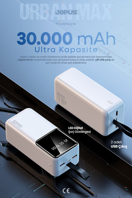 30000mAh Powerbank LCD Ekranlı Taşıma Askılı Güçlü Taşınabilir Şarj Cihazı Beyaz JP-P12