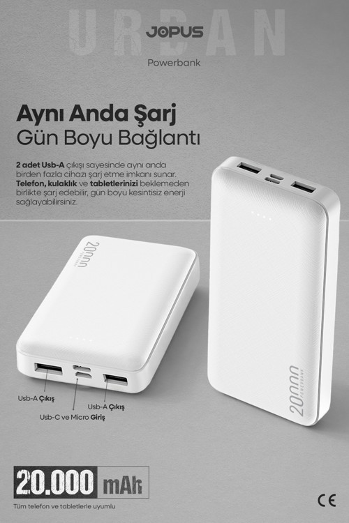20000mAh Powerbank - Led Işık Göstergeli - Taşınabilir Şarj Cihazı - Beyaz JP-P10A